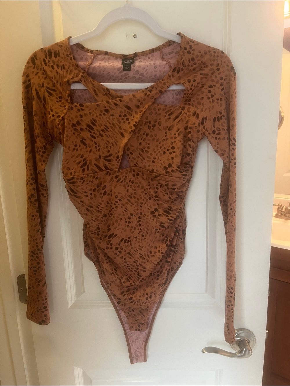 Wild fable Brown Printed Cutout Long-Sleeve Bodysuit